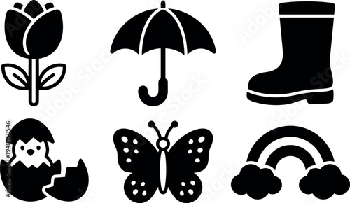 Flat design black spring easter icon set showing tulip umbrella boot chick butterfly and rainbow in grid on white background