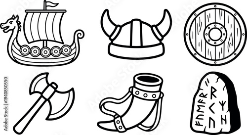 Line art vector viking icon set with dragon longship, horned helmet, round shield, double axe, drinking horn, black runestone close up