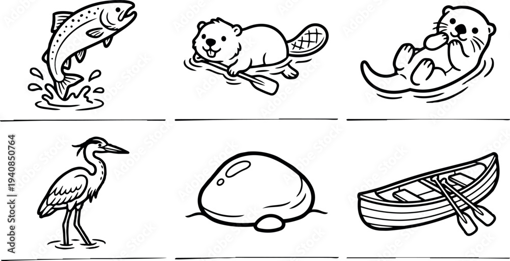 Obraz premium Line art icon set showing jumping trout, beaver paddling, otter floating, heron wading, river rock and wooden rowboat side view