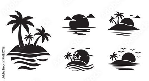 Black vector illustration set of tropical islands and palm trees at sunset or sunrise