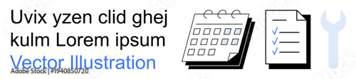 Task planning, project management, productivity tools, organization concepts, work scheduling, goal tracking. Calendar, checklist and wrench icon. Task planning and project management concept