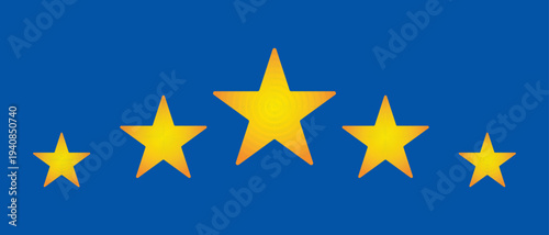 Five Golden Stars Rating Vector on Blue Background. 5 Star Review Feedback Illustration. Premium Service Quality Ranking Symbol. Professional Satisfaction Evaluation. Curved Golden Stars Graphic Icon.