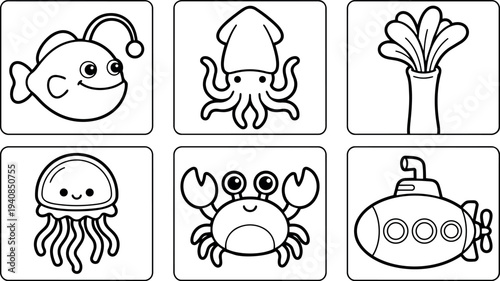 Whimsical kids doodle close up grid of six cute sea creatures and submarine in simple line art, front facing, minimalist charming playful