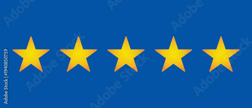 5 Star Rating Vector Illustration - Five Yellow Gradient Stars on Blue Background Representing Excellent Customer Review, Premium Quality Service, Top Score Feedback and Success Concept.
