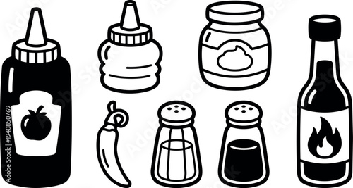 Line art condiment icon set showing ketchup bottle, mustard squeeze, jar, hot sauce bottle, chili, salt and pepper shakers isolated