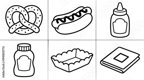 Line art grid showing pretzel, hot dog, mustard bottle, sauce jar, tray and napkin viewed from top simple black outline