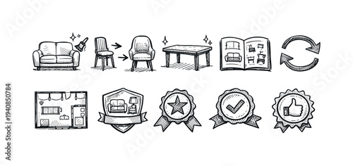 Furniture assembly sketch icon set. tools, diagram, guide, badges sketch illustrations