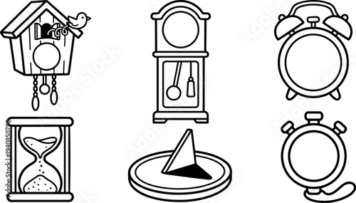 Line art clock icon set with cuckoo grandfather alarm hourglass sundial and stopwatch isolated on white background simple bold strokes