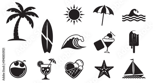 Black icons of summer vacation and beach life elements