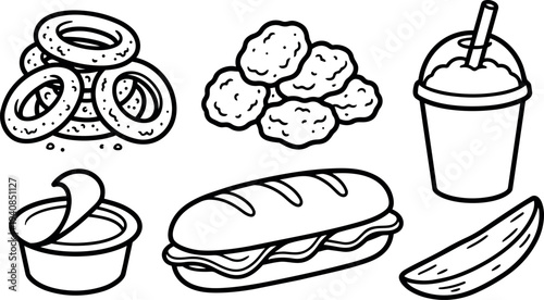 Line art vector food icon set close up showing sandwich and chicken nuggets with onion rings milkshake dip and potato wedge