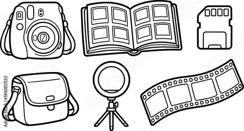 Line art camera and photography icons set featuring camera, photo album, sd card, camera bag, ring light and film strip