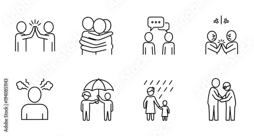 Human relationships and emotions thin line icon set with empathy and support
