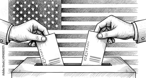 Voting hands putting ballots into box with American flag sketch
