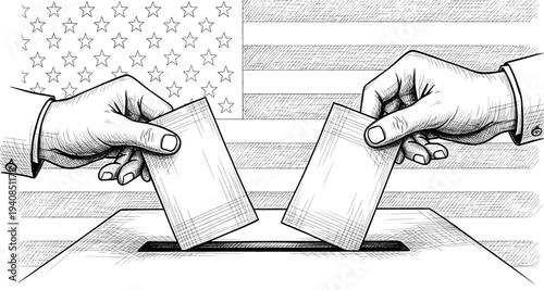 Voting hands putting ballots into box with American flag sketch
