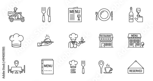 Restaurant and food service thin line icon set with delivery and menu
