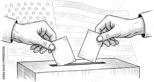 Voting hands putting ballots into box with American flag sketch
