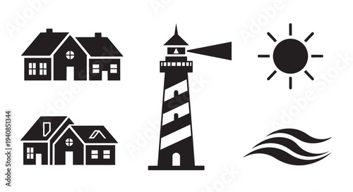 Coastal homes and lighthouse icons with sunny weather