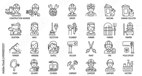 Professional occupations and worker characters thin line icon set
