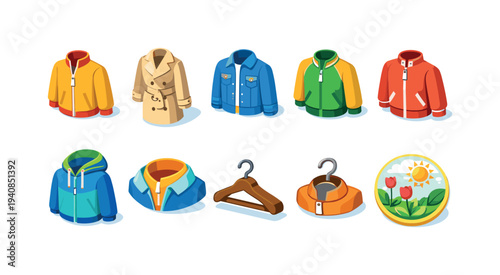 Clothing and fashion icon set. wardrobe, apparel flat icons collection.
