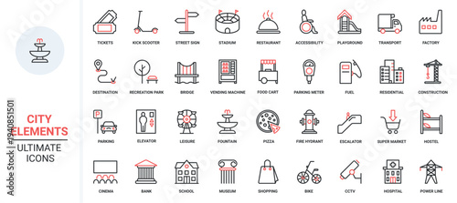 Public city building, infrastructure and facility trendy red black thin line icons set vector illustration. Skyscrapers, transport and commerce symbols in residential and recreation area, cityscape.