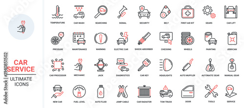 Care and maintenance technology for car including computer diagnostics, charge battery of electric vehicle, and check air pressure in tyres. Trendy red black thin line icons set vector illustration.