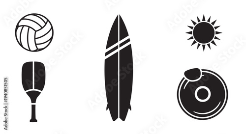 Summer beach icons including surfboard, volleyball, and paddleboard
