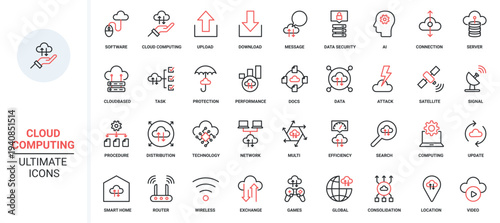Cloud computing trendy red black thin line icons set vector illustration. Automatic digital data transfer, download synchronization, information management storage, AI network platform, smart home
