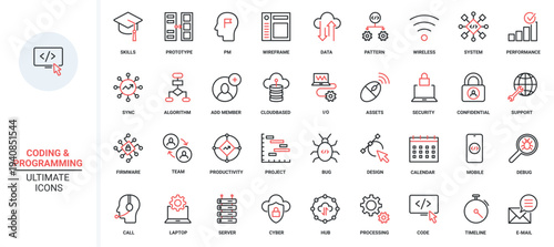 Support for computer software, program code trendy red black thin line icons set vector illustration. Maintenance cloud service, data export, modify synchronisation with server, antivirus programming.