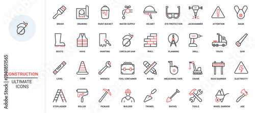 Building construction and repair trendy red black thin line equipment and tools icons set. Builder in helmet, protection boots, roulette level, crane, electricity brickwork symbols vector illustration