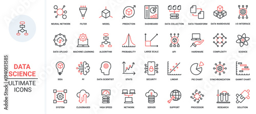 Data report and science model research, deep analysis with AI trendy red black thin line icons set vector illustration. Machine learning, probability calculation, algorithms and system prediction.