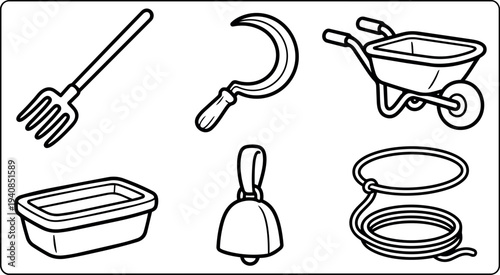 Line art vector garden tool icons showing pitchfork and sickle with wheelbarrow planter tray bell and coiled hose minimal close up