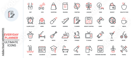 Planner trendy red black thin line icons set vector illustration. Calendar mobile app symbols of healthy leisure, fitness workout in gym, diet control of health and weight, coffee break and payment.