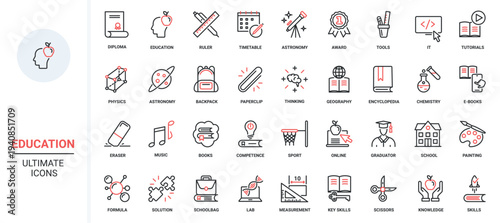 School and university technology stationery student to study, knowledge from books, encyclopedia ebook, science sport symbols. Education trendy red black thin line icons set vector illustration.