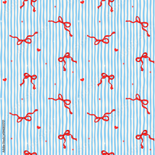 Coquette red bow and heart seamless background, cute hand drawn repeating print on baby blue sky stripes