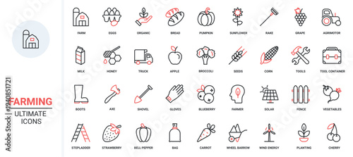 Farm agriculture red black thin line icons set vector illustration. Farmers tractor truck, eco village windmill and solar panel, farmhouse agrarian equipment, machines for agronomy, organic harvest.