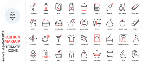 Fashion and beauty, cosmetics red black thin line icons set vector illustration. Nail polish, spa salon, barbershop for health, hair and skin care, trying on clothes and teeth whitening, healthy food.