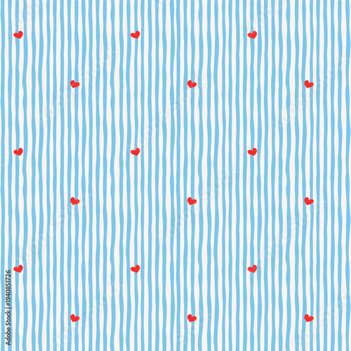 Hand drawn red mini hearts on baby blue vertical stripes whimsical seamless pattern