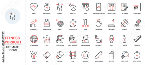 Sport exercises in gym, fitness workout red black thin line icons set vector illustration. Equipment for training strength and muscles of body, diet for weight loss, yoga mat, tennis and basketball.