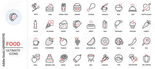 Food and drink red black thin line icons set vector illustration. Meal collection for restaurant and cafe menu, coffee with cake or donut, sushi and noodles, healthy vegetable or pizza and chicken.