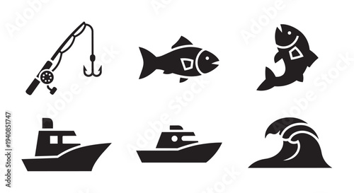 Collection of fishing and marine vector graphic illustrations for commercial design projects on water themes