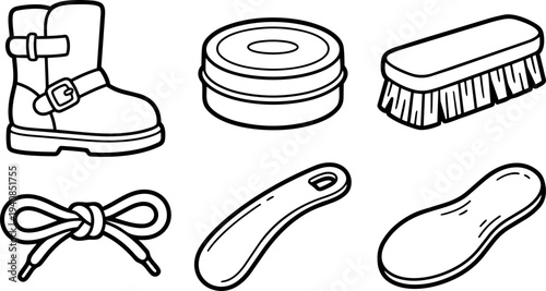 Line art shoe care icons set with boot polish tin brush tied shoelace and two shoehorns in simple outline style