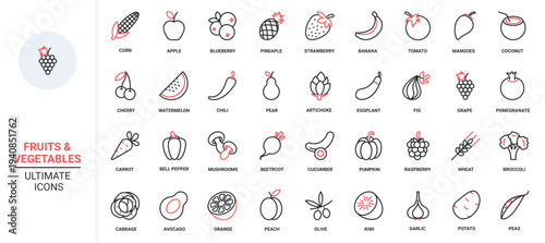 Fruit and vegetable red black thin line icons set vector illustration. Organic healthy farm food for healthy nutrition, fresh apple and orange, banana and cherry berry, carrot and potato for cooking.