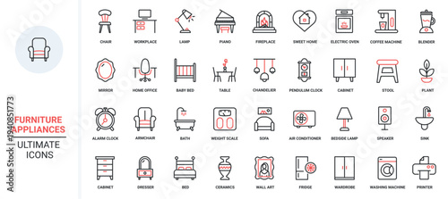 Home furniture and appliances red black thin line icons set vector illustration. Elements for house interior, household equipment collection with wardrobe sink chair sofa bed lamp desk armchair.