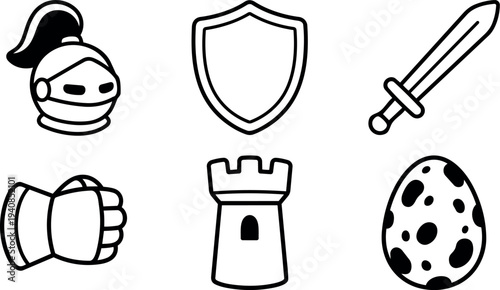 Line art vector icon set showing helmet, shield, sword, gauntlet, tower and speckled egg in landscape minimal outline black white