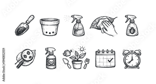 Gardening, maintenance linear icon set. eco, plant care tools, agriculture icons collection