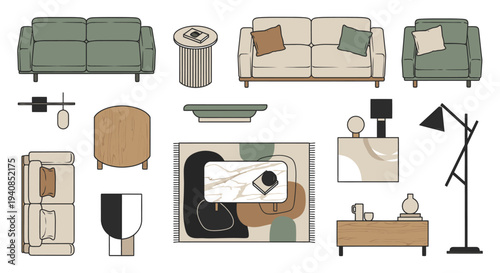 contemporary living room furniture and essential decor featuring minimalist style with neutral colors for interior design.