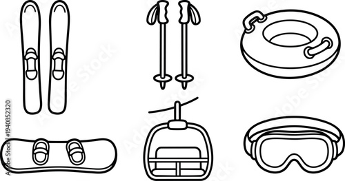 Line art top view winter sports icons set skis snowboard poles gondola tube and goggles arranged on clean white background