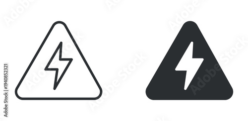 High voltage warning icon set, electric danger lightning hazard symbol, outline and solid silhouette style. Vector illustration.