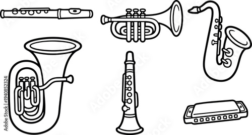 Line art arrangement of flute trumpet saxophone tuba clarinet and harmonica isolated vector set with bold black outlines clean white