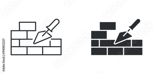 Bricklaying icon set, masonry trowel building wall construction symbol, outline and solid silhouette style. Vector illustration.